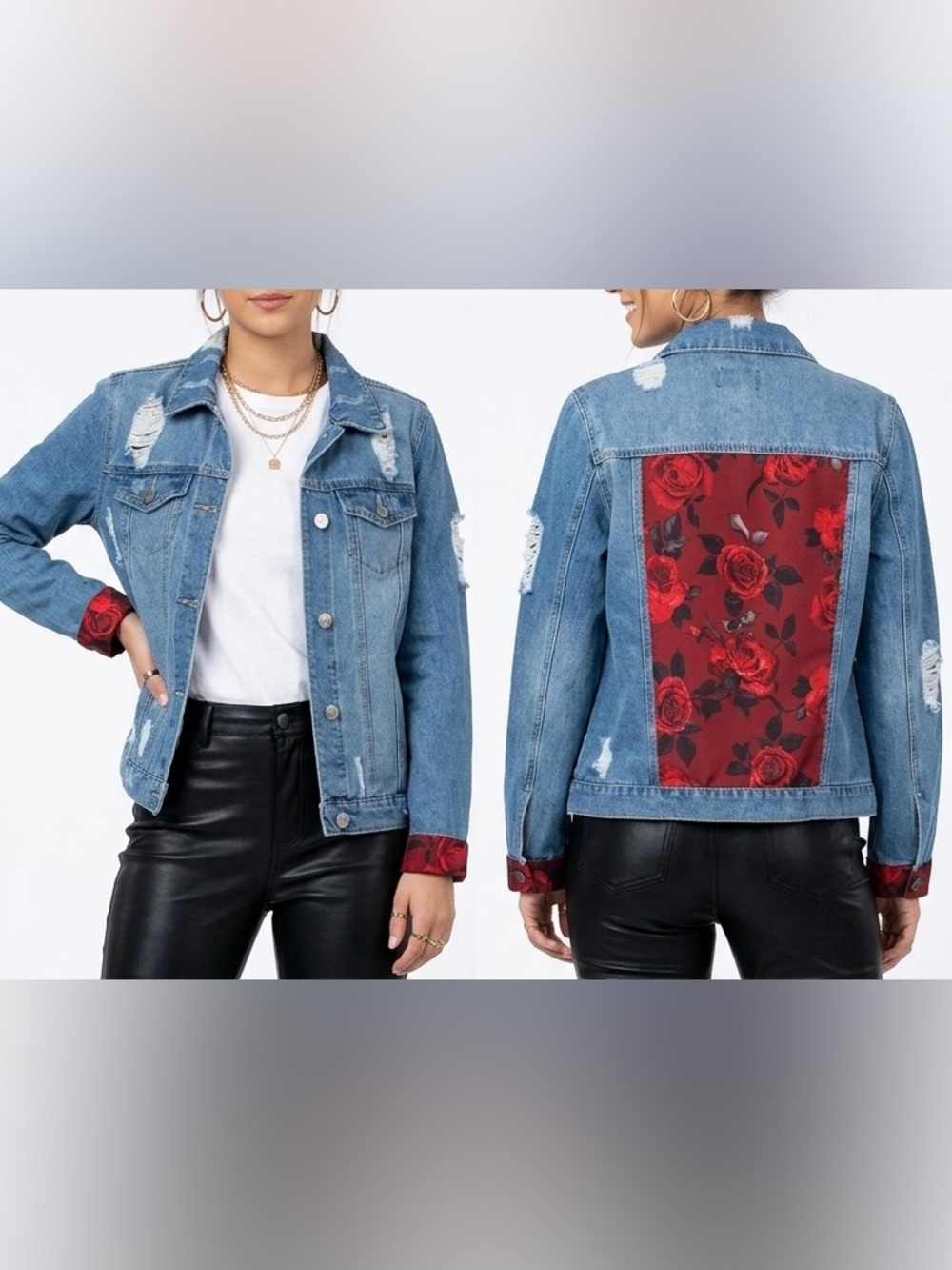 Ci Sono Light Blue Denim Jacket with Red Rose Back Panel. Personalized for me.
